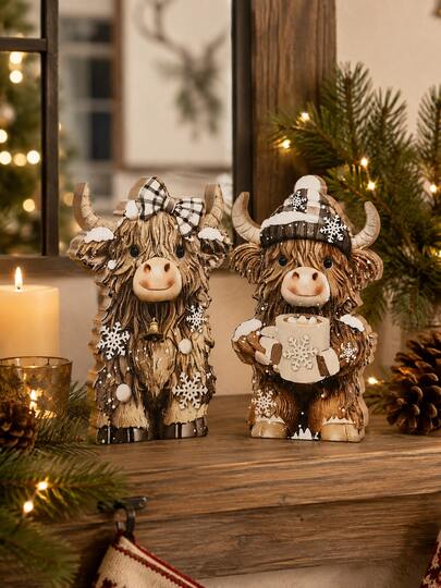 1/2pcs Christmas Highland Cow Wooden Figurines, Cute Winter Cow Desktop Decor, Suitable For Shelves, Mantels, Desktops, Christmas Party Decoration And Holiday Gifts
