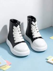 1 Pair Kids' Colorblock Chunky Strap High-Top Ankle Boots With Side Zipper For Easy On/Off, Suitable For School, Casual Wear, All-Season Versatile - Black - View 1
