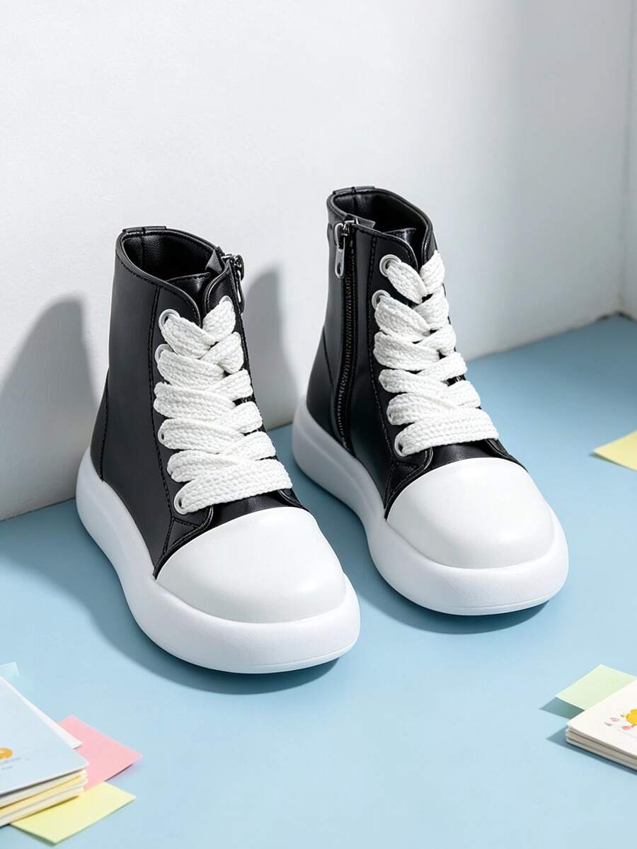 1 Pair Kids' Colorblock Chunky Strap High-Top Ankle Boots With Side Zipper For Easy On/Off, Suitable For School, Casual Wear, All-Season Versatile - Black - View 1