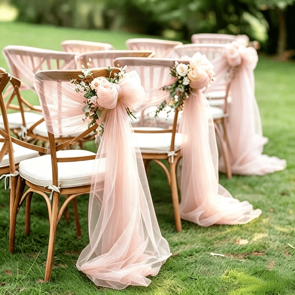 16 bucăți decor romantic pentru spătarul scaunului de nuntă din tul, material transparent lung din plasă 20*275cm/7.8*108in, panglici versatile din tul pentru nuntă în aer liber pe gazon, ceremonie în biserică, banchet, petrecere, recuzită pentru decorarea atmosferei pe culoarul de nuntă