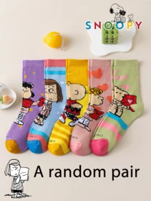 1/5/10 Pairs Snoopy Women's Mid-Calf Socks, Striped Heart Pattern Colorful Fun Autumn/Winter Socks - Multicolor - View 10