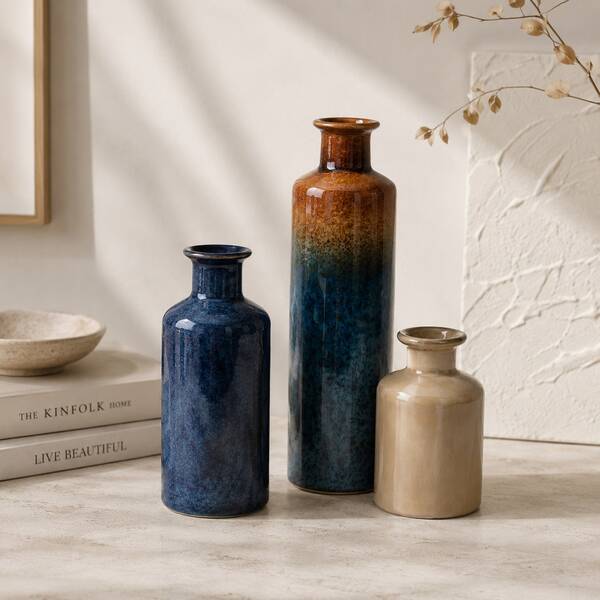3 PiecesReactive Glaze Ceramic Vase Set, Blue & Amber Decorative Flower Vases, Modern European Home Decor For Living Room, Shelf, Table & Entryway