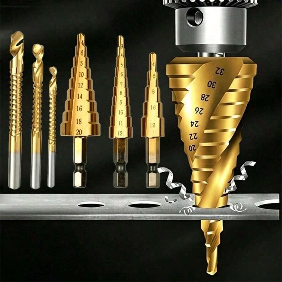 6/3/1pc Titanium Coated High Speed Steel Step Drill Bit Set, Pyramid Shape Drill Bit, Suitable For Wood And High-Efficiency Metal, Smooth Chamfer, No Burrs, Rust-Proof, Easy To Install, Higher Efficiency - Copper - View 1