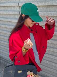 2026 Autumn Fashion Red Linen Stand Collar Short Jacket For Women, Front Button Design With Pockets, Suitable For Winter Wear - Red - View 8