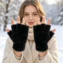 1 Pair Women's Fingerless Knit Plush Gloves, Essential For Winter Travel Warmth, 5 Colors Available - Black - View 1