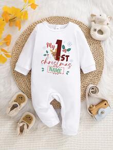 [Customized]Infant Long Sleeve Romper, "My First Christmas" Cute Deer Pattern Print, Customizable With Exclusive Name And Personalized Text, Round Neck Comfortable Casual One-Piece Outfit, Durable Easy Care Machine Washable Newborn Crawler - White - View 1