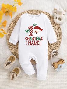 [Customized]Infant Long Sleeve Jumpsuit, "My First Christmas" Santa Claus Print, Customizable With Exclusive Name And Personalized Text, Round Neck Comfortable Casual One-Piece Outfit, Durable Easy Care Machine Washable Newborn Romper - White - View 1