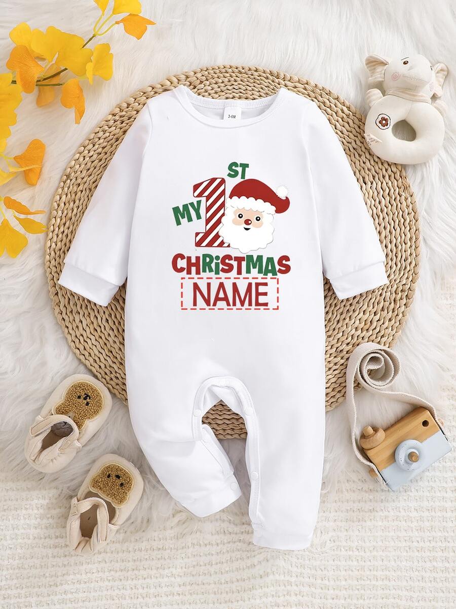 [Customized]Infant Long Sleeve Jumpsuit, "My First Christmas" Santa Claus Print, Customizable With Exclusive Name And Personalized Text, Round Neck Comfortable Casual One-Piece Outfit, Durable Easy Care Machine Washable Newborn Romper - White - View 1