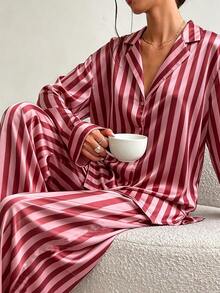 2pcs/Set Women's All-Season Vertical Striped Satin Pajama Set, Deep V-Neck Lapel Long Sleeve Loose Wide Leg Loungewear Set - Hot Pink - View 5