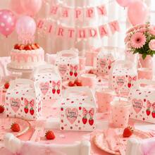 4PCS Strawberry Birthday Party Favor Boxes With Handle, Pink Bow & Heart Paper Gift Boxes, Cute Berry Theme Party Packaging Boxes For Birthday Party Supplies - View 2