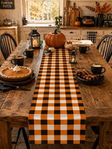 1pc Orange Black & White Buffalo Plaid Table Runner, Classic Halloween Checkered Table Decor, Rectangular Dining Table Runner For Halloween Decorations, Kitchen Decor, Fall Party, Pumpkin Dinner, Home Decor And Seasonal Table Setting - Multicolor - View 3
