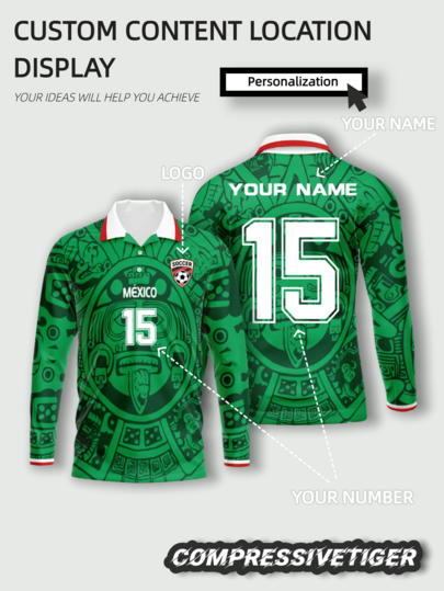 Custom Mexico Home 1998 Retro Mayan Totem Print Long Sleeve Football Jersey, Green Mayan Ancient Pattern Featured Color Scheme, Customizable Content On Both Front And Back, Freely Change Player Name And Jersey Number, Custom Team Logo Badge, Comfortable Fabric, Contrast Collar Long Sleeve Style, Suitable For Official Football Matches, Amateur Training, Fan Commemorative Wear, Strong Exotic Retro Atmosphere, Create A Unique Customized Sports Jersey, 2026 Football