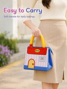 Cute House-Shaped Lunch Bag, Polyester Material, Striped Pattern, Portable Handheld Tote Bag, Suitable For Women And Girls, Office, School, Picnic, Travel, Daily Use, Spring/Summer Outdoor Activities - Multicolor - View 3