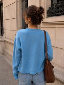 Women's Blue Ribbed Square Neck Tank Top And Cardigan Set Casual & Elegant Two Pieces For Fall - Blue - View 3