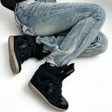 New 2026 Women's Casual Sneakers With Hidden Wedge, High-Top, Combined, Flat - 靜夜黑色 - 查看 2