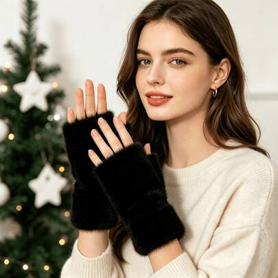 1 par de guantes sin dedos de felpa suave y cálida para mujer, guantes gruesos a prueba de frío con pantalla táctil, adecuados para montar al aire libre, deportes, uso en invierno, Halloween, regalo de Navidad y Día de San Valentín