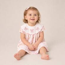 1pc Girls Bow Embroidery Print Lapel Short Sleeve Dress, Elegant Loose Flowy Vacation Formal Dress For Babys - Pink - View 1