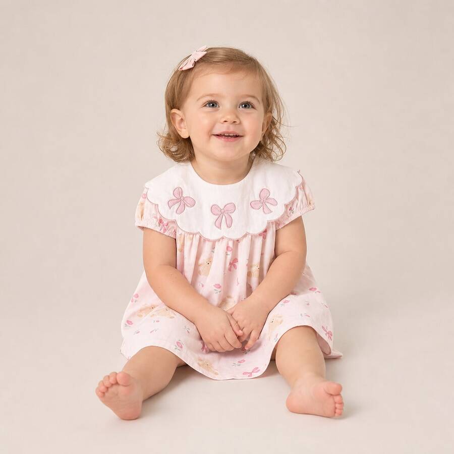 1pc Girls Bow Embroidery Print Lapel Short Sleeve Dress, Elegant Loose Flowy Vacation Formal Dress For Babys - Pink - View 1