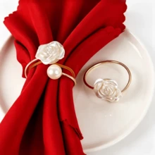 60/30/12pcs Elegant Pearl Rose Napkin Rings, Napkin Buckles, Hotel Napkin Rings, Wedding Banquet Napkin Rings, Home Daily Table Decor, Tablecloth Accessories, Wedding Decoration - Multicolor - View 2