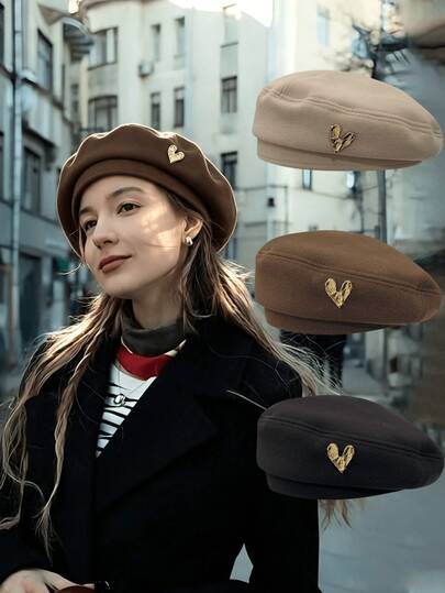 1pc Women's Beret, Vintage Gold Heart Decor Beret, Soft Solid Color Painter Hat, Classic Warm Autumn/Winter Woolen Hat, Elegant French Style Hat, Available In Coffee, Beige, Black Three Colors, Daily Party Streetwear Headwear, Fashion Women's Casual Accessory Girl Style, Comfortable Lightweight Outdoor Travel Dating Beret