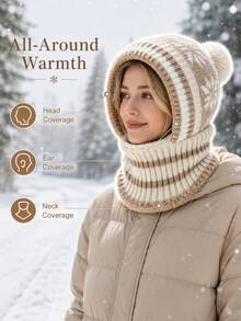 Winter Warm Knitted Hooded Scarf With Ear Protection Design, Unisex Full Coverage, Snowflake Pattern, Pom Pom Decor, Suitable For Outdoor Walking, Commuting, Travel, Skiing, Hiking And Cold Weather Daily Wear - One Size Fits All - View 3