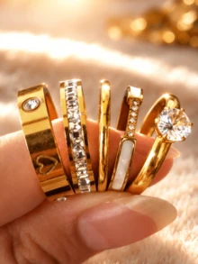 5pcs Set Gold Stackable Fashionable Exquisite Rings, 18K Gold Plated 304 Stainless Steel, Rust-Proof Waterproof Hypoallergenic Delicate Lucky Stacked Jewelry, Birthday Valentine's Day Anniversary Gift For Her, Also Suitable For Daily Wear - Gold 4 - View 10