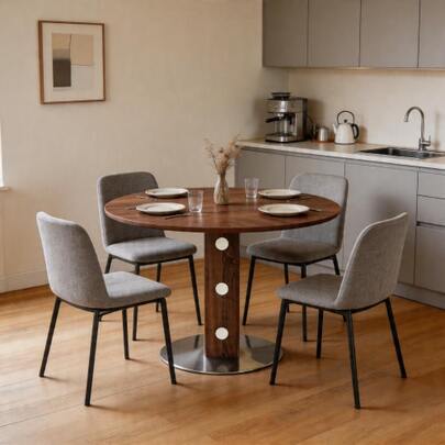 Modern Round Dining Table With Square Wooden Pedestal And Mirror Details, Walnut Wood Grain And Metal Base, 100 Cm In Diameter, Seats 2-4 People, Ideal For Kitchen, Dining Room And Small Spaces