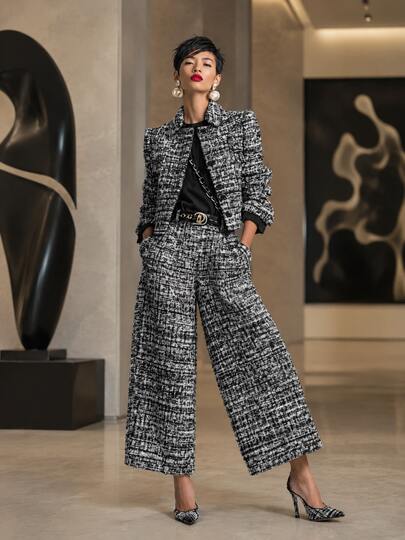 Women's Cropped Printed Faux Tweed Blazer & High Waist Wide Leg Pants Two Piece Matching Set, Formal Office Co Ord Outfit For Work Business Occasions