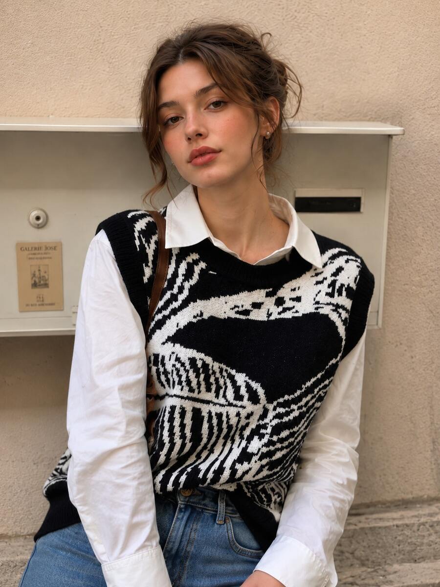 Women's Sleeveless Round Neck Knitted Vest Top With Zebra Pattern, Regular Length, Medium Stretch Fabric, Perfect For Fall Fashion Summer - Black and White - View 1