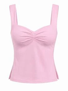 Women's Summer Casual Solid Color Pleated Side Slit Sweetheart Neck Camisole Pink - Pink - View 4