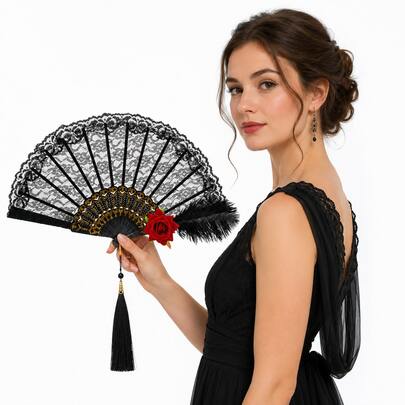 Abanico de mano vintage gótico de encaje negro con rosa roja, pluma y borla, elegante abanico plegable, adecuado para mascarada, Halloween, flamenco y accesorios de fotografía