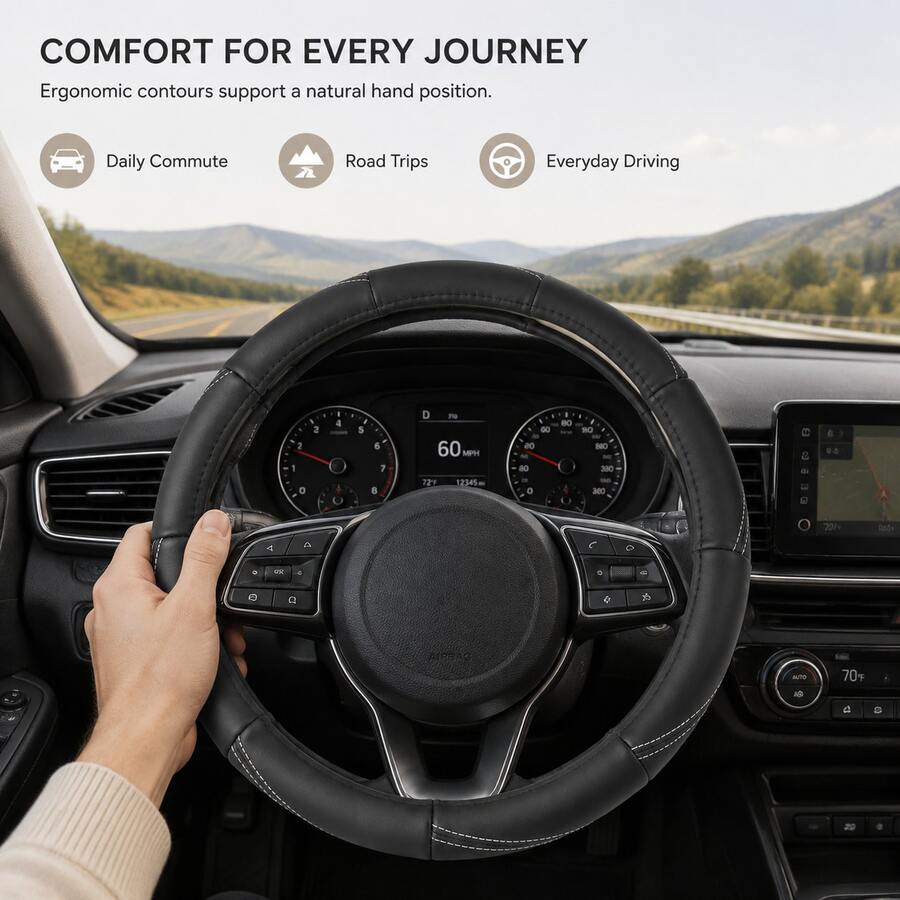 Genuine Leather Car Steering Wheel Cover, Non-Slip Lining, Ergonomic Curved Grip, Universal 15 Inch / 38 Cm Steering Wheel Protector, Suitable For Most Car Models Interior Decoration Accessory - Multicolor - View 1