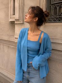 Women's Blue Ribbed Square Neck Tank Top And Cardigan Set Casual & Elegant Two Pieces For Fall - Blue - View 6