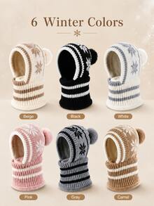 Winter Warm Knitted Hooded Scarf With Ear Protection Design, Unisex Full Coverage, Snowflake Pattern, Pom Pom Decor, Suitable For Outdoor Walking, Commuting, Travel, Skiing, Hiking And Cold Weather Daily Wear - One Size Fits All - View 8