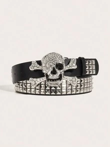 1pc Women's Dark Punk Style Belt, Rhinestone Skull Alloy Buckle, Black Pyramid Studs Rhinestone Double Layer Belt, Rock Gothic Sexy Girl Accessory - Black-skull Head - View 6