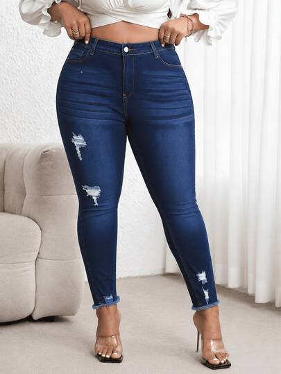 Women's Plus Size Distressed Denim Jeans With Slight Stretch, Dark Wash Long Skinny Pants For Spring Outfits And Everyday Wear