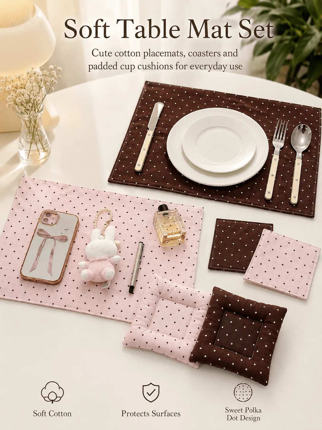 1pc Square Plaid Polka Dot Pure Cotton Thick Heat-Resistant Placemat Coaster Table Mat, Suitable For Coffee Table, Office Desk, Bedroom, Cafe And Daily Home Use - Pink Brown - View 1