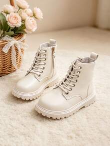 1 Pair Kids British Style Lace-Up Boots With Side Zipper, Easy To Put On And Take Off, Leather Short Boots, Suitable For School, Weekend Outings, Autumn/Winter - Beige - View 6