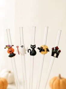 Cute Halloween Themed Decorative Glass Straws, Reusable Glass Drinking Straws, Pumpkin Ghost Black Cat Bat Decoration, Suitable For Bubble Tea Juice Cocktails, Halloween Party Table Decor And Holiday Gifts, Perfect Gift For Girls - Style J - View 3