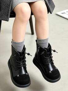 1 Pair Kids' Retro Patchwork Upper Ankle Boots With Convenient Side Zipper, Suitable For Casual Street Style, Daily Outings, School Commute, Autumn/Winter - Black - View 1