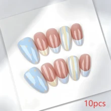 10pcs Yellow & Blue Striped Press-On Nails, Oval Fake Nails, Macaron Dual-Color Design, Soft Yellow & Blue Striped French Pattern, Creating A Fresh & Lively Spring Vibe - Multicolor - View 6