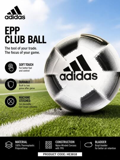 אדידס(ADIDAS) כדור כדורגל EPP Club לבן, 100% TPU תפיר מכונה, שלפוחית בוטיל לשמירת אוויר, מגע רך, עמידות גבוהה, כדור אימון משחק HE3818