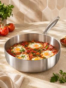 1 Set Deep Skillet With Glass Lid, 4L 304 Stainless Steel Uncoated Frying Pan With Ergonomic Long Handle, Suitable For Frying, Browning, Stewing, Slow Cooking, Daily Cooking, Family Dinner And Everyday Meals Multi-Functional Cookware - View 8