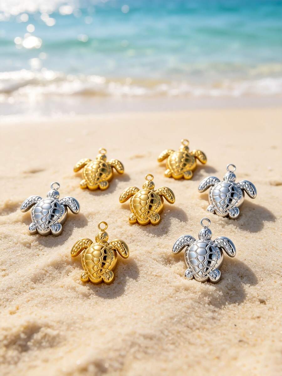 10PCS Ocean Sea Turtle Pendant Charm – Hollow Cutout Gold & Silver Tone Jewelry For Necklaces, Bracelets & DIY Making - Sea Turtle - View 1