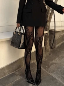 Black Rose Pattern Mesh Tights, Vintage Lace Stockings To Pair With Little Black Dress, Pointed Toe High Heels And Blazer - Black - View 3