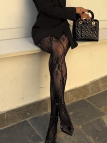 Black Rose Pattern Mesh Tights, Vintage Lace Stockings To Pair With Little Black Dress, Pointed Toe High Heels And Blazer - Black - View 4