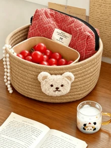 1pc Round Bear Storage Basket, The First Choice For Desktop Clutter Storage, Cartoon Bear Design Round Woven Storage Basket, Cartoon Bear Desktop Organizer Box, Children's Toy Storage Basket, Handwoven Storage Basket, Cartoon Bear Desktop Organizer Box, Suitable For Living Room, Office Desk, Bedside Table, Can Store Jewelry, Cosmetics, Children's Toys, Stationery And Other Small Items, Desktop Clutter Storage Basket - View 15