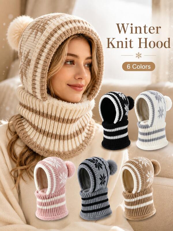 Winter Warm Knitted Hooded Scarf With Ear Protection Design, Unisex, Full Coverage Snowflake Pattern With Pom Pom Decoration, Suitable For Outdoor Walking, Commuting, Traveling, Skiing, Hiking And Cold Weather Daily Wear