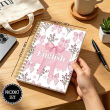 DANPERJI 2pcs A5 Spiral Bound Student Subject Notebooks, English & Math Themed Covers, Romantic Pink Bow & Floral With Math Stationery Illustrations, Back To School Supplies, Cute Sweet Style, School Practice & Note-Taking - 2-piece Set - View 2