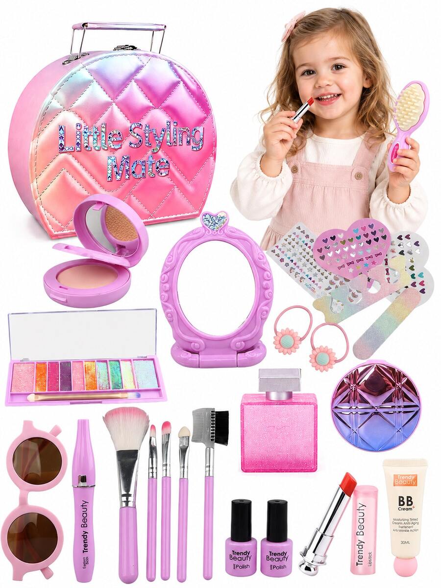 1 Set Little Girl Dress-Up Makeup Toy Set, Princess Gradient PU Grid Handbag, 24pcs Simulated Makeup Set, Girls Stage Performance Role Play Toy, Suitable For 3-6 Years Old Girls, Includes Comb, Glasses, Lipstick, Perfume, Mirror, Etc., Christmas Birthday Gift, Not Real Makeup - Jewelry Set - View 1